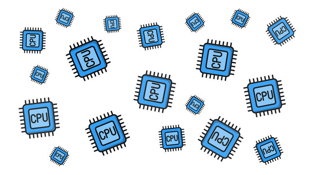 A collection of blue cartoon-style computer chips and processors, including CPUs, RAM, and GPUs, scattered on a white background, representing various electronic components.