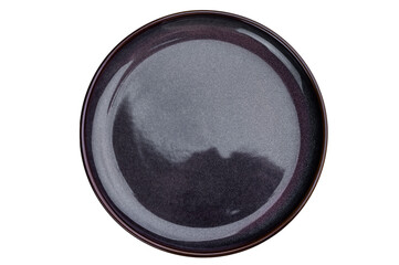Empty gray ceramic plate top view on background. Glossy round tableware mockup with copy space