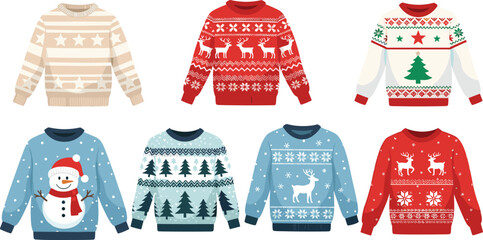 Ugly Christmas sweater illustration set, festive holiday knitwear collection, winter jumpers with reindeer snowman tree patterns, isolated white background vector © MD SAKIL