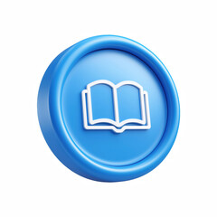 3D blue round button with open book icon, education library read symbol isolated on transparent background