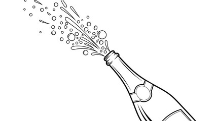 Champagne bottle popping with bubbles in black and white illustration