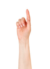 Obraz premium Beautiful female hand finger pointing or touching something isolated on white background with clipping path. Female open empty hand. Design element.