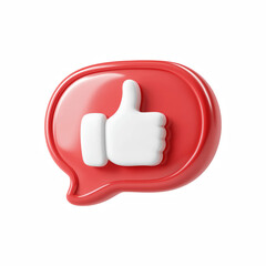 3D red speech bubble with thumbs up like icon, social media approval symbol isolated on transparent background