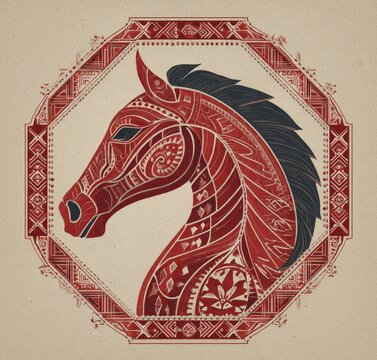 Flat vector illustration of a horse head pattern within an octagonal Chinese decorative border. Symmetrical composition with geometric shapes like diamonds, in solid dark red on light beige background