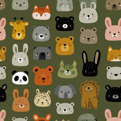 Cute Woodland Animal Faces Seamless Pattern
