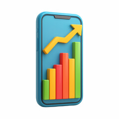 3D smartphone with colorful bar chart and upward arrow, business analytics growth icon isolated on transparent background