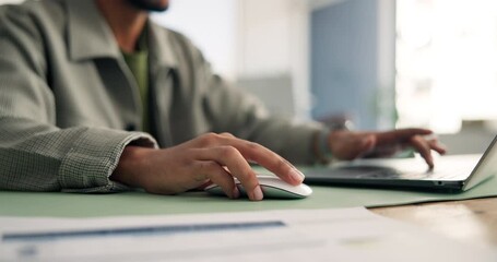 Hands, man and mouse with laptop in office for research, finance planning and budget review. Accountant, scroll and pc for funding email, financial data entry and documents for investment proposal - Powered by Adobe