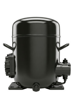 Black refrigerator compressor for cooling appliances isolated on a transparent background