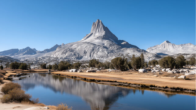 Alpine lake with a solitary granite peak and mirror like water surface. - Powered by Adobe