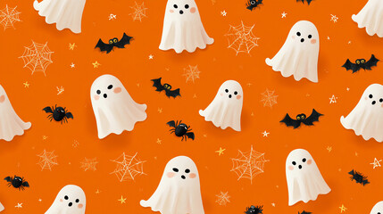 Cute halloween seamless pattern with white ghosts, black bats, and spiderwebs on a vibrant orange background