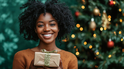 A black woman smiling in front of a Christmas tree