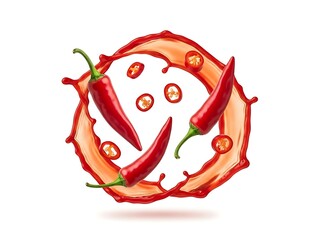 Red chili peppers and slices arranged in a circular pattern on a white background