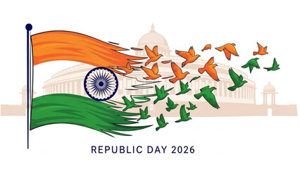Vibrant India Republic Day 2026 Celebration with Flag, Birds, and Parliament Building in Background, Symbolizing Freedom and Unity