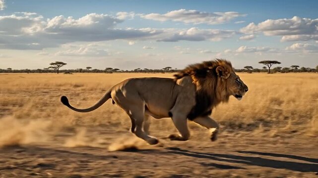 Powerful male lion hunts prey on dusty African savanna grassland