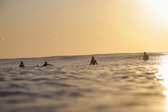 Group Surfers Sitting On Surfboards In Warm Sunset Glow
