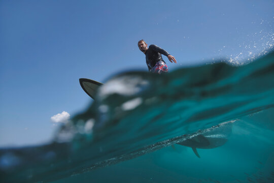 Surfer In Split Shot, LowAngle View Shows Board Fin Beneath Water