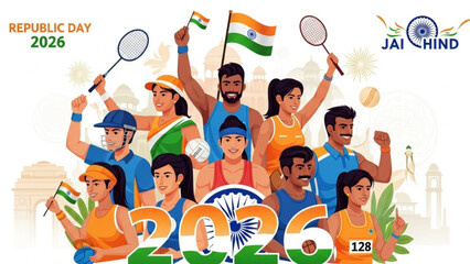 Vibrant Indian Athletes Celebrate Republic Day 2026 with Flags and Sports Equipment in Energetic Illustration