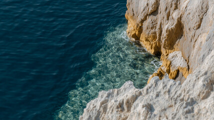 Top view of a rocky sea coastline with clear water, conveying solitude and natural power.