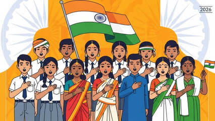 Celebrating Independence Day with Unity and Patriotism in India, Indian Flag, Diverse Group of People, School Children