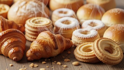 Assortment of freshly baked croissants and pastries with steam and powdered sugar on wooden surface
