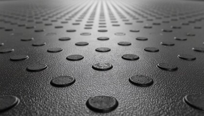 Low angle view of a dark textured rubber mat surface, featuring an array of fine circular grip nodes and a repetitive industrial pattern.