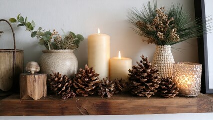 Warm Winter Home Decor Display on Wooden Mantel Shelf with Lit Candles, Pine Cones, Rustic Vases, and Festive Greenery Against a White Wall Background.