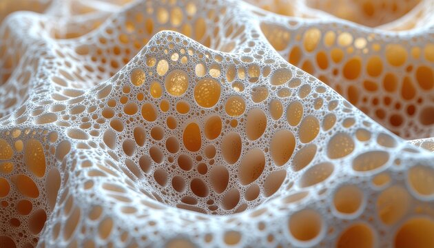Close-up view of an abstract microscopic surface, revealing a porous, sponge-like network with a textured, cellular structure, reminiscent of freeze-dried material.