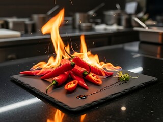 Flaming red chili peppers on a black stone plate in a kitchen environment