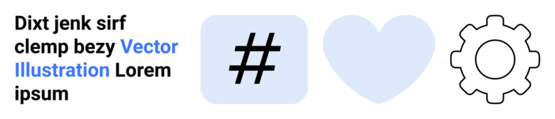 Obraz premium Black metadata tag, blue heart, and outlined gear icons represent social media, connection, and tools for collaboration. Ideal for technology, communication, user interface, teamwork branding