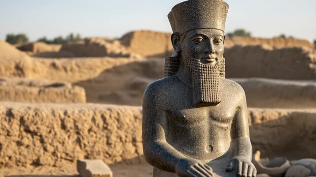 Ancient statue and cuneiform inscriptions at Mesopotamian dig site.