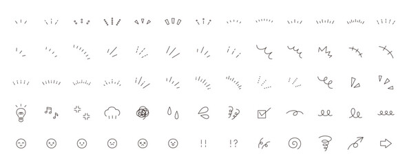 シンプルなアイコンのベクターイラストセット。飾り、あしらい、くるくる、集中線