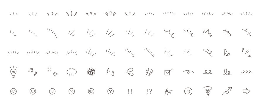 シンプルなアイコンのベクターイラストセット。飾り、あしらい、くるくる、集中線