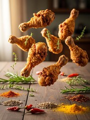 Crispy fried chicken pieces levitating above a rustic wooden table surrounded by fresh herbs and spices