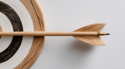 An arrow laid across a target with emphasis on the center and target rings symbolizing aim and precision.