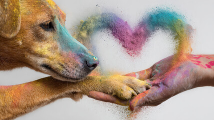 Celebration of Holi Festival with a dog and colorful powders in hand under bright sunlight