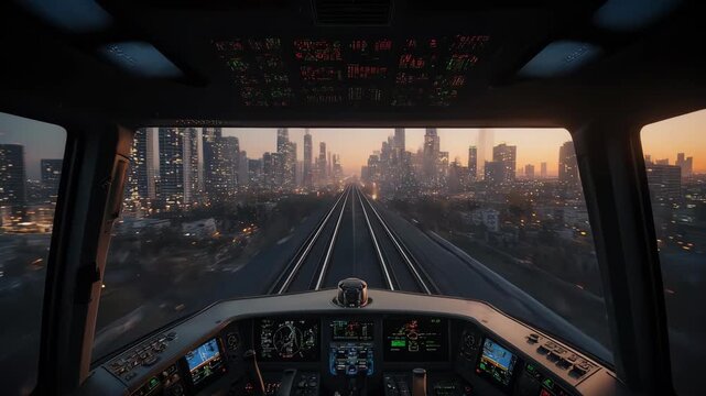 A perspective view from a cockpit as the train speeds toward a lit cityscape at dusk