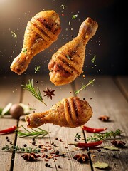 Grilled chicken legs flying above a rustic wooden table with spices and herbs scattering around