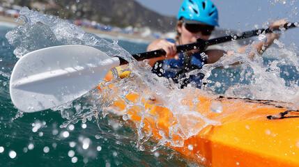 Kayaker in dynamic action on turbulent water, splashes and vigorous paddling emphasize the extreme nature of the water sport.