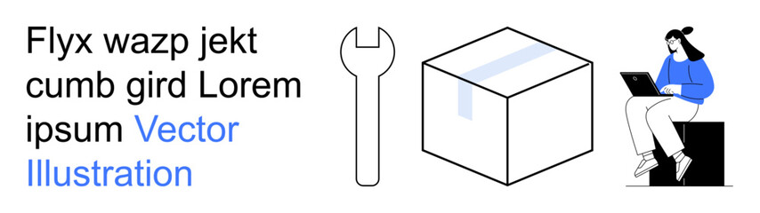 Remote work, logistics, e-commerce, technology, workforce efficiency, tools. A person on a laptop, a wrench and a box. Remote work and logistics are linked in this professional theme