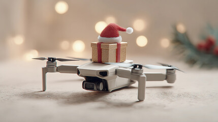 A small drone with a santa hat and a gift box, set against a festive background of blurred christmas lights
