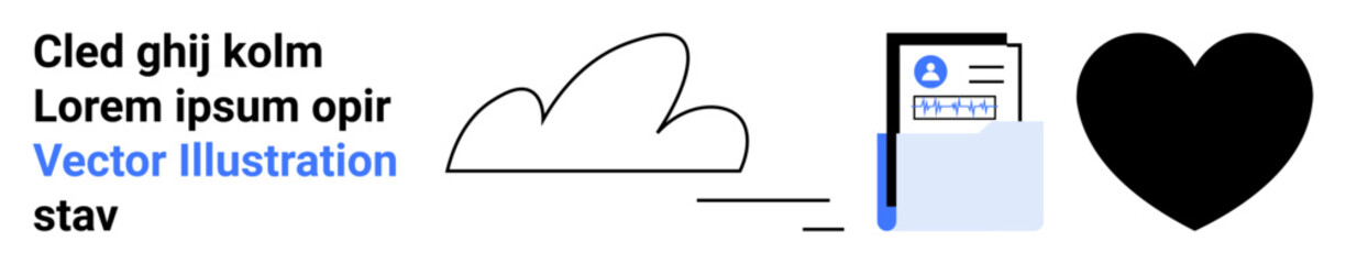 Cloud technology, digital storage, data management, file organization, emotion, conceptual design. Cloud, folder with document and heart shapes on a simple layout. Cloud technology and digital