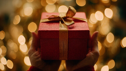 Hands holding a sparkling red gift box with a golden ribbon against a warm, festive bokeh background