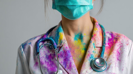 Medical worker celebrates Holi Festival with colorful powders during health care work in a safe environment