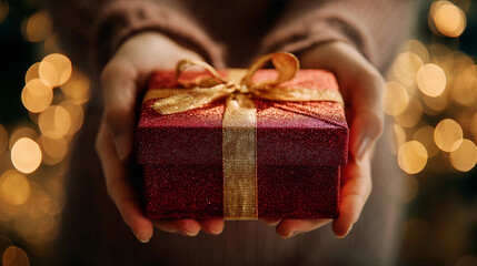 Closeup of hands offering a beautiful red present wrapped with a golden ribbon, surrounded by festive bokeh lights