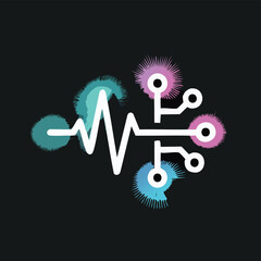 Fototapeta premium Vector Illustration of a modern digital health concept featuring a white heartbeat waveform line connected to colorful spherical nodes with spiky textures in teal, cyan, pink, and magenta colors aga
