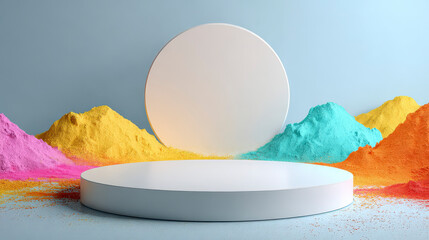 Celebration of Holi Festival with colorful powders and circular platform in a vibrant setting