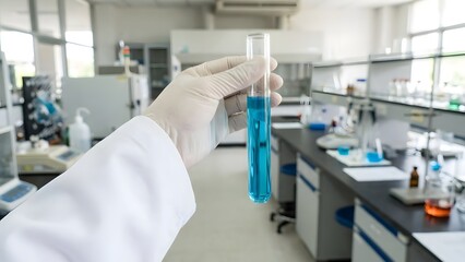 Scientist holding test tube with blue liquid in laboratory.