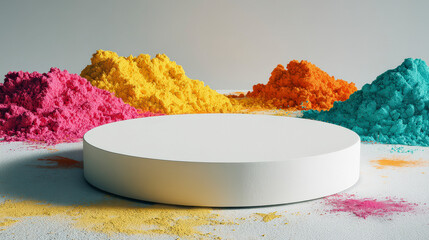 Colorful powders for Holi Festival celebration in a vibrant setting with piles of colored powder ready for use during the festival