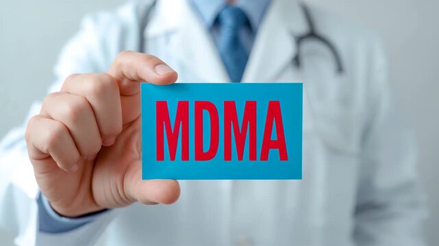 Doctor holding card labeled MDMA in clinical setting with medical coat and stethoscope