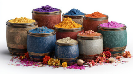 Bright colors in bowls for Holi Festival celebration in India during spring season